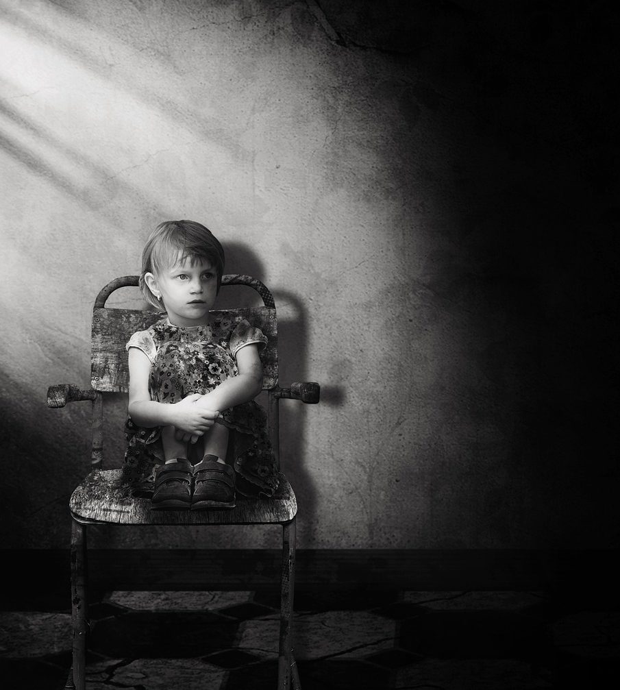girl, space, chair, lighting mood, emotion, sad girl, child, lonely, alone, sad, melancholic, bullying, dirty, expression, black-and-white, in need of assistance, image manipulation, fear, cover, hopeless, thoughtful, anxiety, unsure, mischief, watch, symbolic